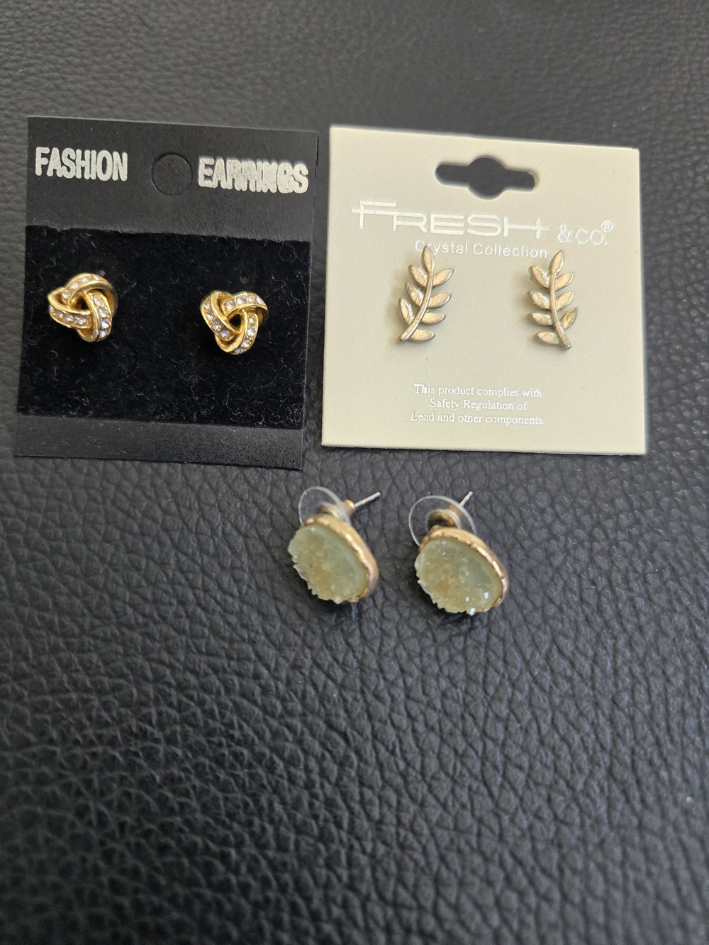 fresh Gold Leaf and Knot Stud Earring Trio with Pale Green Druzy